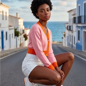 Pink & Orange V-Neck Cropped Cardigan Sweater